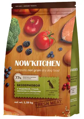 NOW’ Kitchen Grain Free сухой беззерновой корм для взрослых собак всех пород с индейкой, уткой, лососем и овощами